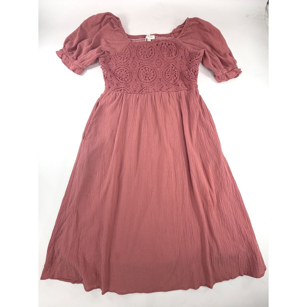 Orange Creek Rose Pink Crochet Lace Smocked Puff Sleeve Midi Dress M ID48374